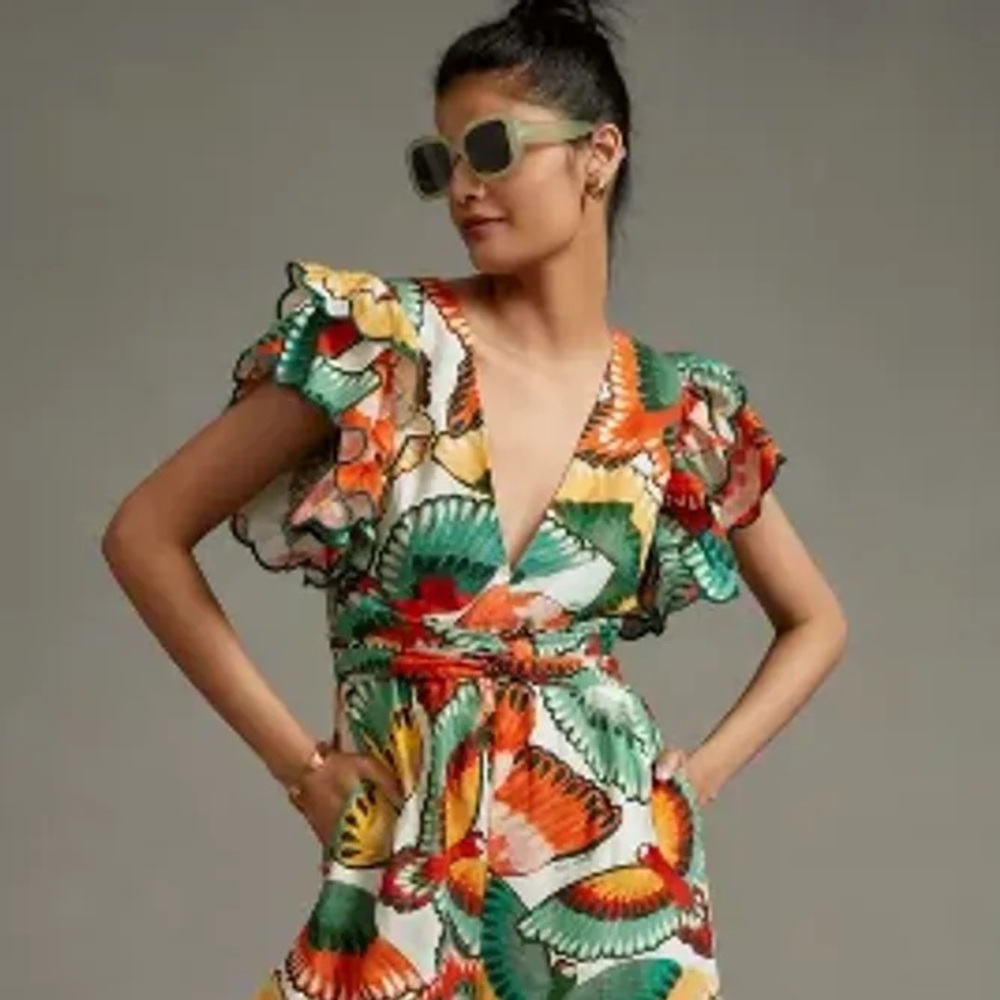 Farm Rio Ruffle-Sleeve Linen Jumpsuit never worn!!!